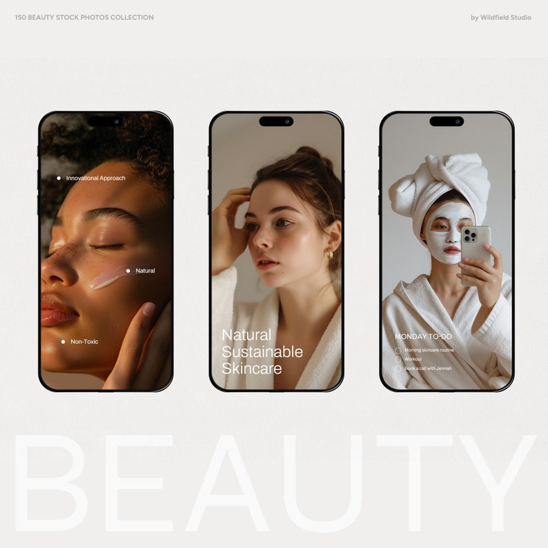 May include: Three smartphones displaying beauty-related content. The first shows a person applying skincare, the second features the text "Natural Sustainable Skincare", and the third shows a person with a face mask and the text "MONDAY TO DO".