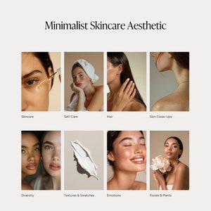 May include: Aesthetic image featuring eight panels with skincare themes. Panels include close-ups of skin, hair, and product textures. Text labels include "Skincare," "Self-Care," "Hair," "Skin Close-Ups," "Diversity," "Textures & Swatches," "Emotions," and "Florals & Plants."
