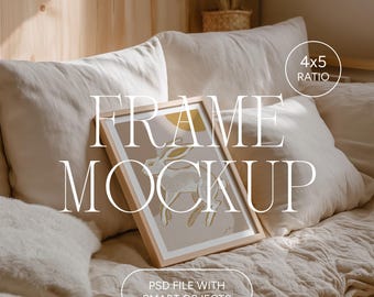 Vertical Frame Mockup, 4:5 Ratio, Thin Wooden Frame Poster Mockup, Photoshop Photopea PSD for Artwork and Prints, Living Room Frame Mockup