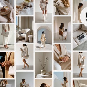 以下が含まれることがあります： ニュートラルカラーの服やアクセサリーをフィーチャーした画像のコラージュ。画像には、ブレザー、ドレス、ハイヒールが含まれています。コーヒーカップ、ラップトップ、ワイングラスを持っている人もいます。画像は明るいベージュのカラーパレットです。