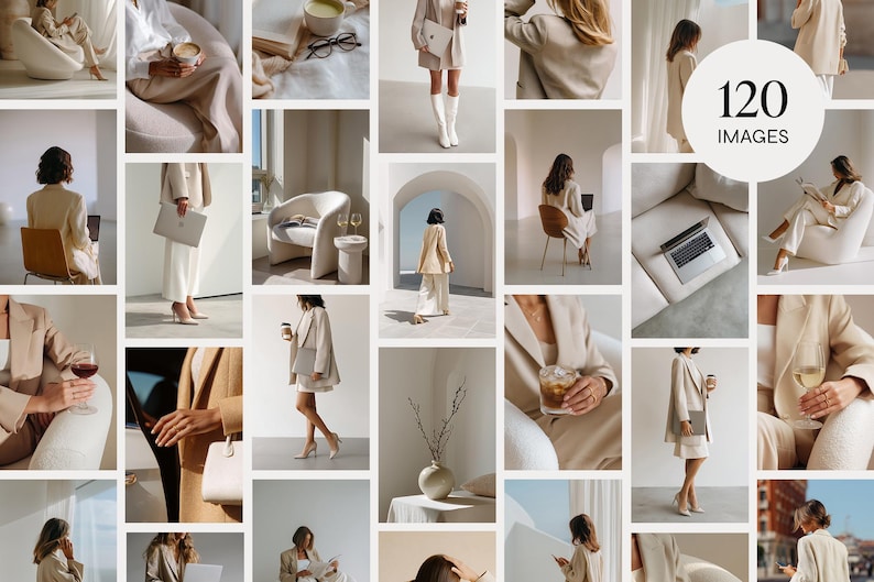 以下が含まれることがあります： ニュートラルカラーの服やアクセサリーをフィーチャーした画像のコラージュ。画像には、ブレザー、ドレス、ハイヒールが含まれています。コーヒーカップ、ラップトップ、ワイングラスを持っている人もいます。画像は明るいベージュのカラーパレットです。
