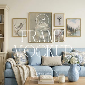 May include: A living room mockup featuring a light blue sofa with decorative pillows and a wooden coffee table. Above the sofa, five framed artworks with gold frames are displayed. The text "FRAME MOCKUP" and "3x4 RATIO" are visible.