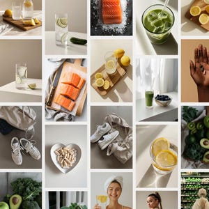 K&ouml;nnte beinhalten: Eine Collage von Bildern, die einen gesunden Lebensstil mit Fokus auf Essen, Fitness und Wellness zeigen. Die Bilder beinhalten frisches Obst und Gem&uuml;se, Lachs, Zitronenwasser, gr&uuml;ne Smoothies, Nahrungserg&auml;nzungsmittel und Trainingsausr&uuml;stung.