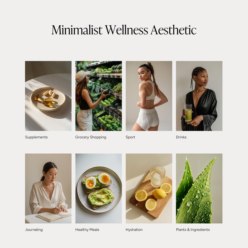 K&ouml;nnte beinhalten: Eine Collage von Bildern, die eine minimalistische Wellness-&Auml;sthetik darstellen. Die Bilder zeigen Nahrungserg&auml;nzungsmittel, Lebensmittel einkaufen, Sport, Getr&auml;nke, Tagebuch schreiben, gesunde Mahlzeiten, Hydratation und Pflanzen und Zutaten.