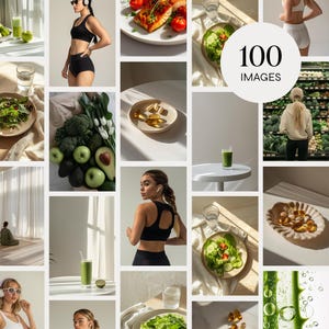 K&ouml;nnte beinhalten: Eine Collage aus Bildern, die verschiedene Elemente eines gesunden Lebensstils zeigen, darunter eine Frau mit Kopfh&ouml;rern und Sportkleidung, frisches Obst und Gem&uuml;se, gr&uuml;ne Smoothies und Nahrungserg&auml;nzungsmittel. Der Text "100 IMAGES" wird in der Mitte der Collage angezeigt.
