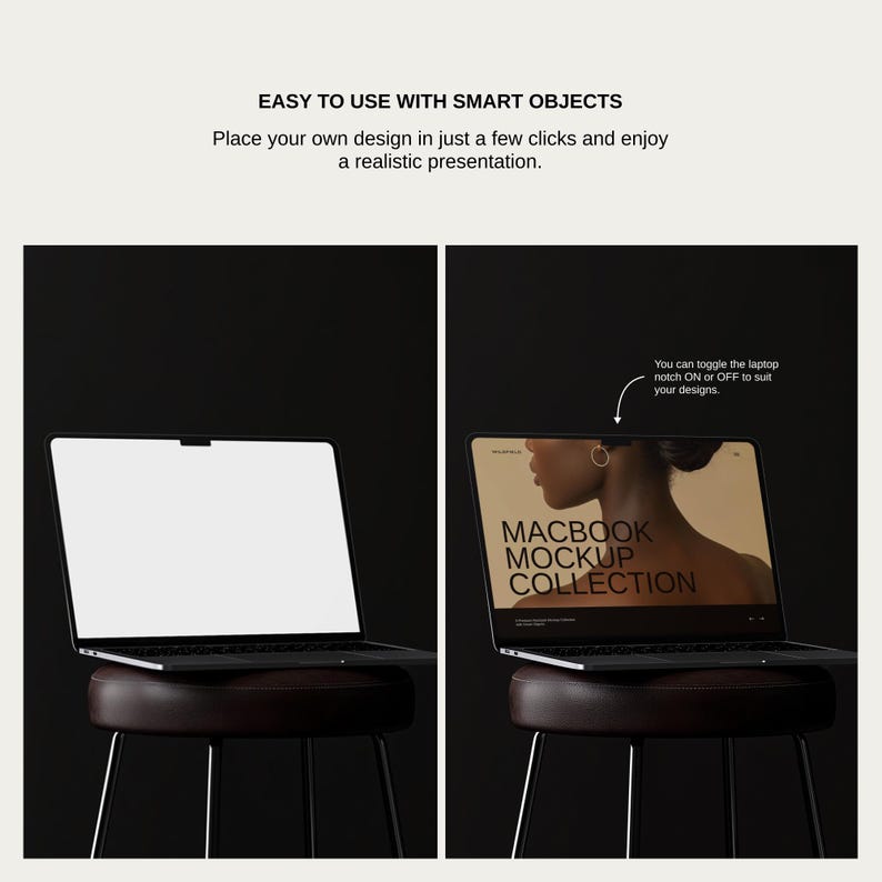 Puede incluir: Una maqueta de computadora port&aacute;til negra sobre un taburete marr&oacute;n con una pantalla blanca. La computadora port&aacute;til tiene una muesca en la parte superior de la pantalla que se puede activar o desactivar. El texto "MACBOOK MOCKUP COLLECTION" se muestra en la pantalla.
