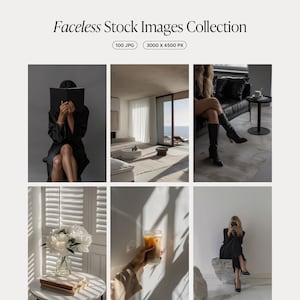 May include: A collection of six stock photos featuring faceless models in various settings. The photos include a woman reading a book, a woman sitting on a couch, a woman holding a coffee cup, a woman sitting on a rock, a white flower arrangement, and a modern interior with a view of the ocean.