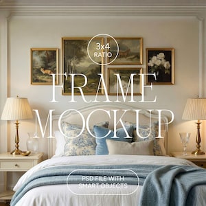 May include: Bedroom mockup featuring a bed with blue and white bedding, pillows, and a blue blanket. Above the bed are framed paintings with gold frames. The text "FRAME MOCKUP" and "3x4 RATIO" are visible.