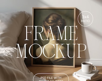 Vertical Frame Mockup, 3:4 Ratio, Vintage Gold Frame Poster Mockup, Photoshop Photopea PSD for Artwork and Prints, Minimalistic Frame Mockup