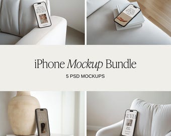 5 Aesthetic iPhone Screen Mockup Bundle: iPhone 15 Screen Mockup, Smartphone, Website Mockup, Apple Device Mockups, Digital Product Mockup