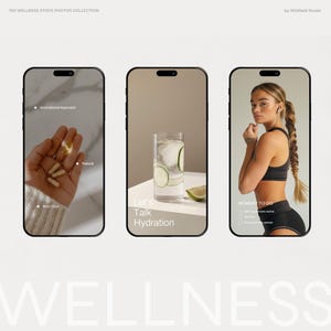 K&ouml;nnte beinhalten: Drei Smartphone-Bildschirme mit Wellness-Inhalten. Der erste Bildschirm zeigt eine Hand, die Kapseln h&auml;lt, mit dem Text "Innovativer Ansatz", "Nicht giftig" und "Nat&uuml;rlich". Der zweite Bildschirm zeigt ein Glas Wasser mit Gurke und Eis, mit dem Text "Lass uns &uuml;ber Hydratation sprechen". Der dritte Bildschirm zeigt eine Frau, die einen schwarzen Sport-BH und Leggings tr&auml;gt, mit dem Text "MONTAG ZU TUN" und einer Liste von Wellness-Aktivit&auml;ten.