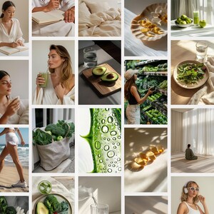 K&ouml;nnte beinhalten: Eine Collage aus Bildern mit einem gr&uuml;nen Smoothie, Avocado, einem Lebensmittelgesch&auml;ft mit Produkten, einer Person, die meditiert, einer Person mit Kopfh&ouml;rern und anderen Elementen eines gesunden Lebensstils.