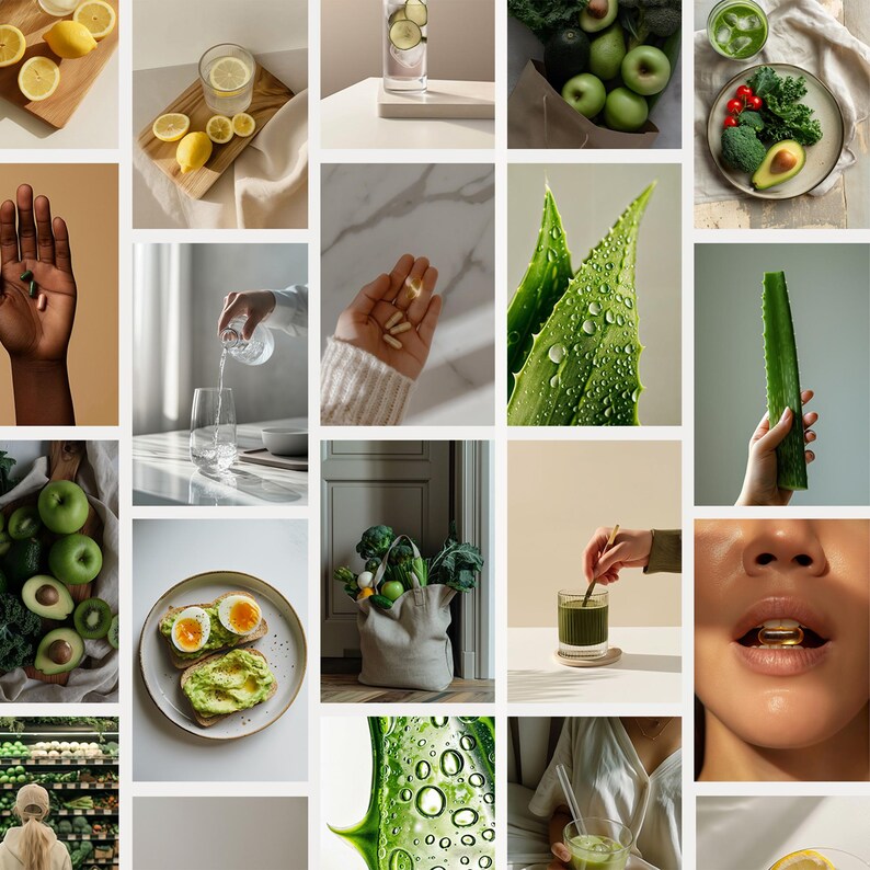 K&ouml;nnte beinhalten: Eine Collage aus Bildern mit verschiedenen gr&uuml;nen und gelben Lebensmitteln und Getr&auml;nken, darunter Zitronen, Limetten, Avocado, Aloe Vera und gr&uuml;ne Smoothies. Die Bilder sind in einem Raster angeordnet und zeigen einen gesunden und lebendigen Lebensstil.