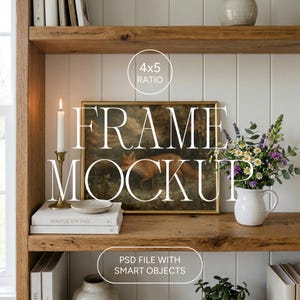 Horizontal Gold Frame Mockup, 4:5 Ratio, Modern Cottagecore Farmhouse Living Room Landscape Wall Art Mockup, Photoshop Photopea PSD