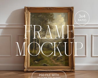Vertical Frame Mockup, 3:4 Ratio, Vintage Gold Frame Poster Mockup, Photoshop Photopea PSD for Artwork and Prints, Minimalistic Frame Mockup