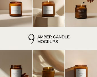 Minimalist Amber Candle Mockup, 9 Aesthetic PSD Scented Candle Mockups with Print Effects