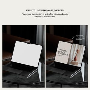 May include: Two images of a black MacBook laptop on a glass table. The laptop screen is blank in the first image. The second image displays a mockup with the text "Macbook Mockup Collection" and a vase. Text at the top says "Easy to use with smart objects."