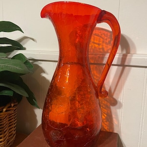 Vintage Blenko Glass #569 Tangerine Crackle Glass Pitcher 1960s 12”