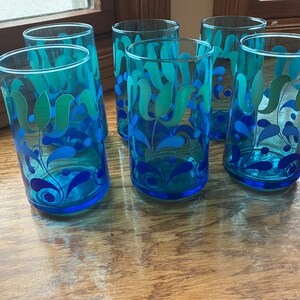 Set of 6 Vtg MCM Retro Juice Drinking Glasses Blue w/Ombre Tulip Flowers