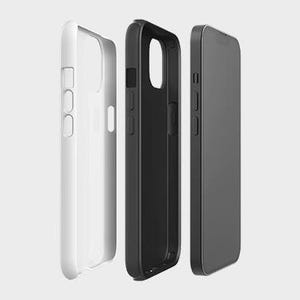 May include: Three phone cases: a white case, a black case, and a phone. The white case is on the left, the black case is in the middle, and the phone is on the right. The cases and phone are all in a vertical orientation.