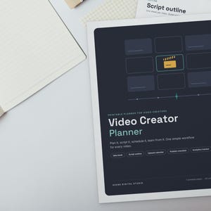Könnte beinhalten: Ein dunkelgrauer, druckbarer Video Creator Planner mit einem Rechteckraster, einem gelben Filmklappen-Symbol und Text, darunter "Video Creator Planner", "Plan it, script it, schedule it, learn from it" und "KEENE DIGITAL STUDIO."