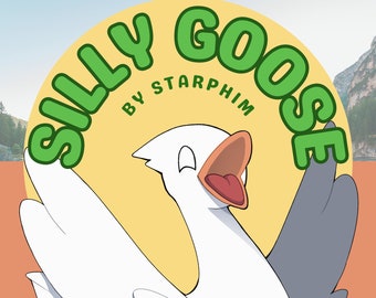 Könnte beinhalten: Eine Cartoon-Illustration einer weißen Gans mit einem grauen Flügel, mit offenem Schnabel und einem überraschten Ausdruck. Die Gans ist von einem gelben Kreis umgeben, auf dem der Text "Silly Goose" in grünen Buchstaben und "By Starphim" in schwarzen Buchstaben steht. Der Text "PNGTuber Avatar" steht in grünen Buchstaben am unteren Rand des Bildes.