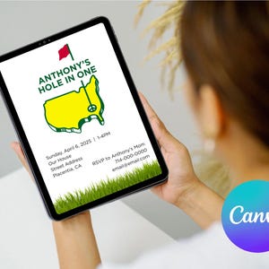 Masters Golf First Birthday Invitation, Hole In One 1st Birthday Invite, Editable Canva Template, Digital Download for Golf Party