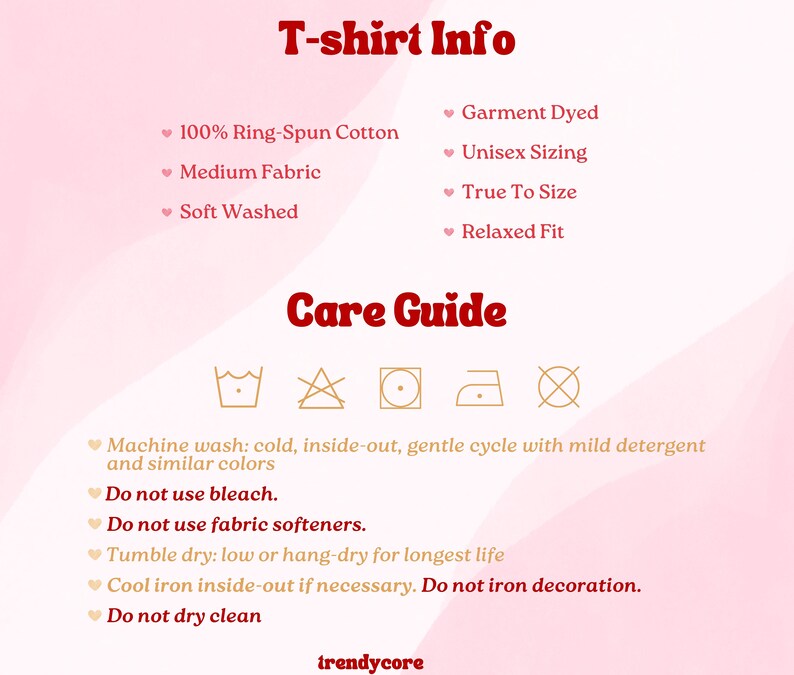 Puede incluir: Informaci&oacute;n de la camiseta: 100 % algod&oacute;n hilado en anillo, tejido medio, lavado suave, te&ntilde;ido en prenda, talla unisex, talla real, ajuste relajado. Gu&iacute;a de cuidado: Lavar a m&aacute;quina con agua fr&iacute;a, del rev&eacute;s, ciclo delicado con detergente suave y colores similares. No usar lej&iacute;a. No usar suavizantes. Secar en secadora a baja temperatura o colgar para secar para una vida &uacute;til m&aacute;s larga. Planchar en fr&iacute;o del rev&eacute;s si es necesario. No planchar la decoraci&oacute;n. No lavar en seco.