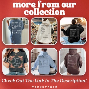 May include: Six different hoodies and t-shirts with religious-themed designs. The designs are printed on the back of the shirts and hoodies and feature a receipt-style list of words and phrases. The shirts and hoodies are in various colors, including blue, white, black, brown, and light blue.