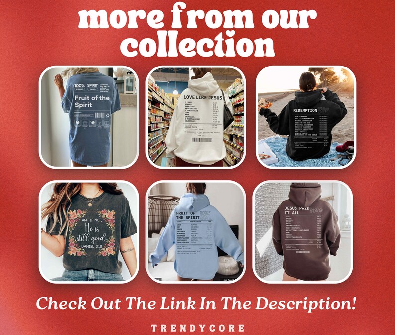 May include: Six different hoodies and t-shirts with religious-themed designs. The designs are printed on the back of the shirts and hoodies and feature a receipt-style list of words and phrases. The shirts and hoodies are in various colors, including blue, white, black, brown, and light blue.