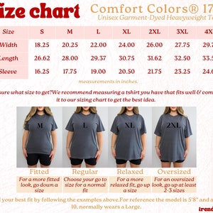 Puede incluir: Tabla de tallas para una camiseta unisex de peso pesado te&ntilde;ida en prenda. La tabla muestra las medidas en pulgadas para el ancho, la longitud y la longitud de la manga para las tallas S a 4XL. La tabla tambi&eacute;n incluye una gu&iacute;a visual del ajuste, mostrando un modelo que lleva cada talla.