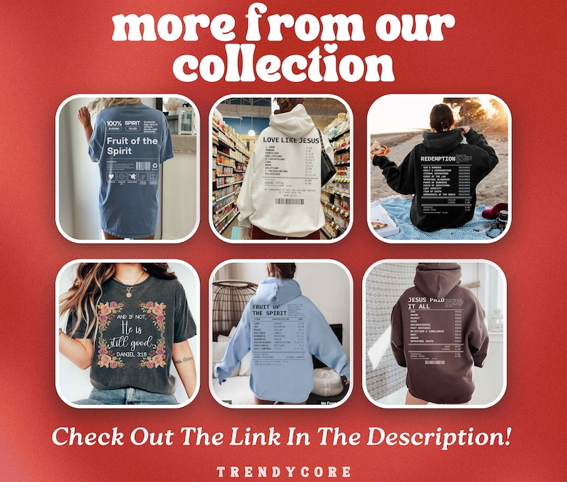 Puede incluir: Seis sudaderas con capucha y camisetas diferentes con dise&ntilde;os religiosos. Los dise&ntilde;os presentan una lista de palabras y frases en estilo de recibo. Las camisas son de varios colores, incluyendo azul, blanco, negro, marr&oacute;n y azul claro. El texto en las camisas incluye "Fruit of the Spirit", "Love Like Jesus", "Redemption", "And if not, He is still good", "Fruit of the Spirit", y "Jesus Paid It All".