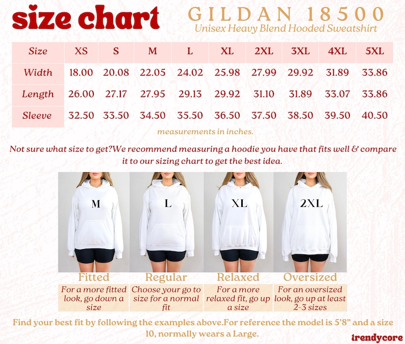 May include: Size chart for Gildan 18500 Unisex Heavy Blend Hooded Sweatshirt. The chart shows measurements in inches for width, length, and sleeve length for sizes XS to 5XL.  The chart also includes a visual guide to fit, showing a model wearing the sweatshirt in different sizes: Fitted, Regular, Relaxed, and Oversized.