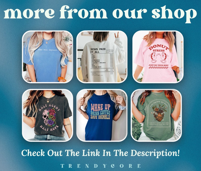 May include: A collage of six different t-shirts with various designs and slogans. The t-shirts feature designs such as a skull with flowers, a donut with the words "Donut Stress", and a receipt with the words "Jesus Paid It All".