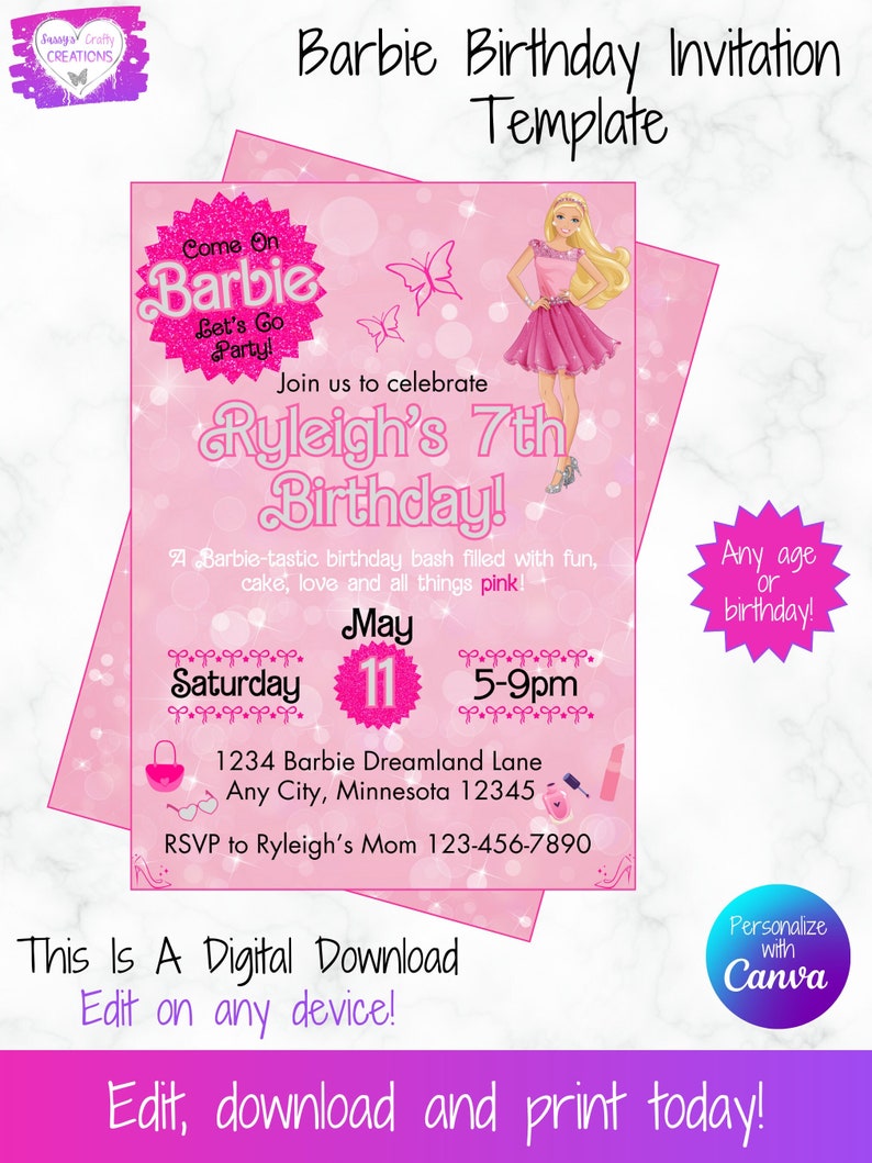 Barbie Birthday Invitation Template Etsy Barbie Birthday Invitation Template Etsy