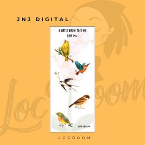 May include: A vertical print featuring watercolor illustrations of five colorful birds on branches and in flight. The text "A LITTLE BIRDIE TOLD ME SAVE $50" is at the top. The print is branded with "JNJ DIGITAL" and "LOCROOM".