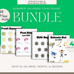 Puede incluir: Un paquete de cuatro desafíos de ahorro de verano imprimibles. Cada desafío presenta un tema diferente: Fresh Squeezed, Pool Side, SUN-Day y Schools Out. El paquete incluye archivos A6/PDF y está diseñado para ayudar a ahorrar dinero semanal, mensual o estacionalmente.