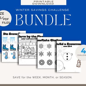 Può includere: Un pacchetto di quattro sfide di risparmio invernale, tra cui "Its Snow", "Warm by the Fire", "Snowflake Challenge" e "Build a Snowman". Il design presenta illustrazioni di pattini da ghiaccio, un camino, fiocchi di neve e un pupazzo di neve. Il testo include "Winter Savings Challenge".