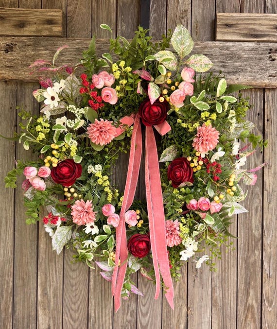 Romantic Garden Wreath, Spring/Summer Door Decor, Everyday Wreath with Velvet Ribbon