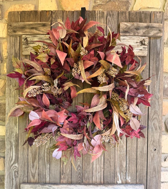 Burgundy Mauve Fall Wreath | Designer Front Door Decor, Autumn Foliage Home Accent