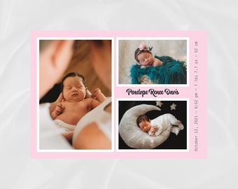 Newborn Birth Announcement Card, Baby Birth Stats, Digital, Printable