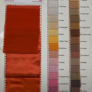 May include: A color chart with 32 fabric swatches. The swatches are arranged in two columns, with each column labeled with numbers 1-16. The swatches are a variety of colors, including white, off-white, ivory, cream, champagne, maize, bright yellow, sunflower, peach, blush, pink, bubble pink, candy pink, light rose, rose, and dusty rose. The swatches are also labeled with names, such as "White", "Off White", "Ivory", "Cream", "Champagne", "Maize", "Bright Yellow", "Sunflower", "Peach", "Blush", "Pink", "Bubble Pink", "Candy Pink", "Light Rose", "Rose", and "Dusty Rose". The chart also includes the text "3 Qualities Available in all Matching Colors".