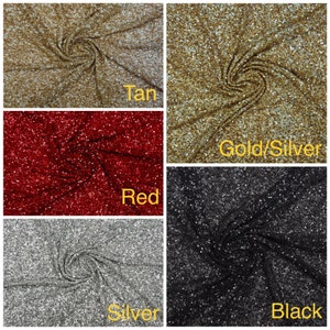 May include: A close-up of five fabric swatches with sequins. The swatches are in the colors tan, gold/silver, red, silver, and black.