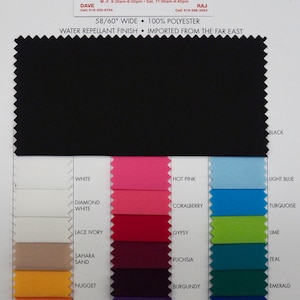 May include: A color chart of fabric swatches in various colors, including black, white, hot pink, light blue, coralberry, turquoise, gypsy, lime, fuchsia, teal, nugget, burgundy, emerald, orange, party purple, royal, red, purple, and navy. The chart is labeled "58/60" wide, 100% polyester, water repellent finish, imported from the far east."