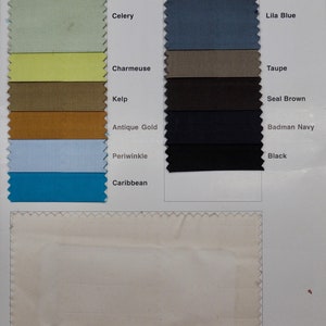 May include: A color chart with 10 fabric swatches. The swatches are arranged in two columns. The swatches on the left are: Celery, Charmeuse, Kelp, Antique Gold, Periwinkle, Caribbean. The swatches on the right are: Lila Blue, Taupe, Seal Brown, Badman Navy, Black.