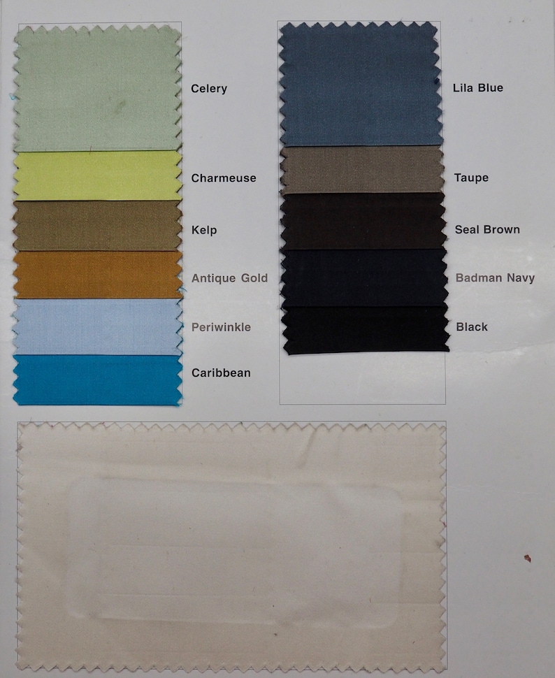 May include: A color chart with 10 fabric swatches. The swatches are arranged in two columns. The swatches on the left are: Celery, Charmeuse, Kelp, Antique Gold, Periwinkle, Caribbean. The swatches on the right are: Lila Blue, Taupe, Seal Brown, Badman Navy, Black.