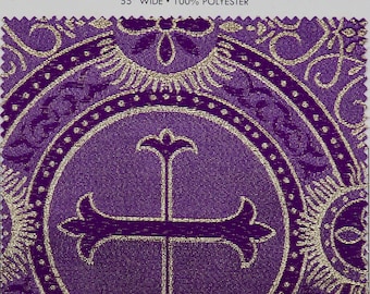 May include: Purple fabric with a gold cross pattern. The fabric is 55 inches wide and 100% polyester. The fabric is from Fabric Warehouse Bazar Fabrics, Inc.