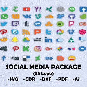 May include: A collection of 55 social media logos in various colors and designs. The logos are arranged in a grid pattern on a light blue background. The text "SOCIAL MEDIA PACKAGE (55 Logo) -SVG -CDR -DXF -PDF -Ai" is at the bottom of the image.