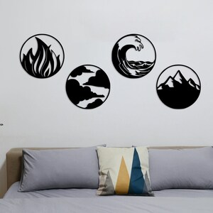 May include: Four black and white wall decals depicting the elements of fire, water, air, and earth. The decals are circular and feature stylized designs of flames, waves, clouds, and mountains.