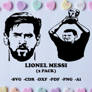 May include: Black and white silhouette of Lionel Messi holding a trophy. The image includes the text "Lionel Messi (2 Pack) -SVG -CDR -DXF -PDF -PNG -Ai".